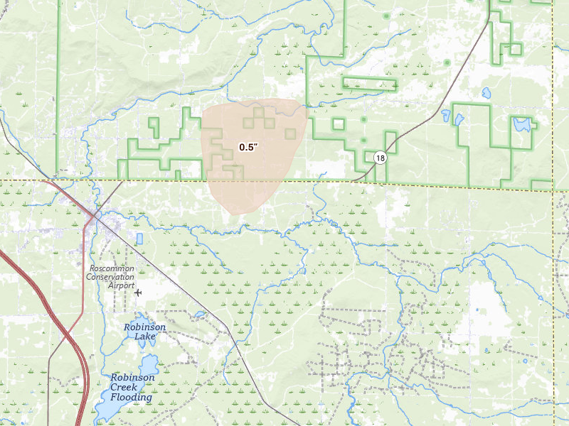 Radar-estimated hail-size map of the storm over Roscommon, MI on Jun 25, 2026