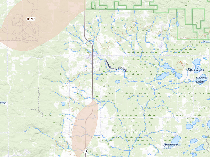 Radar-estimated hail-size map of the storm over Rose City, MI on Jun 16, 2026