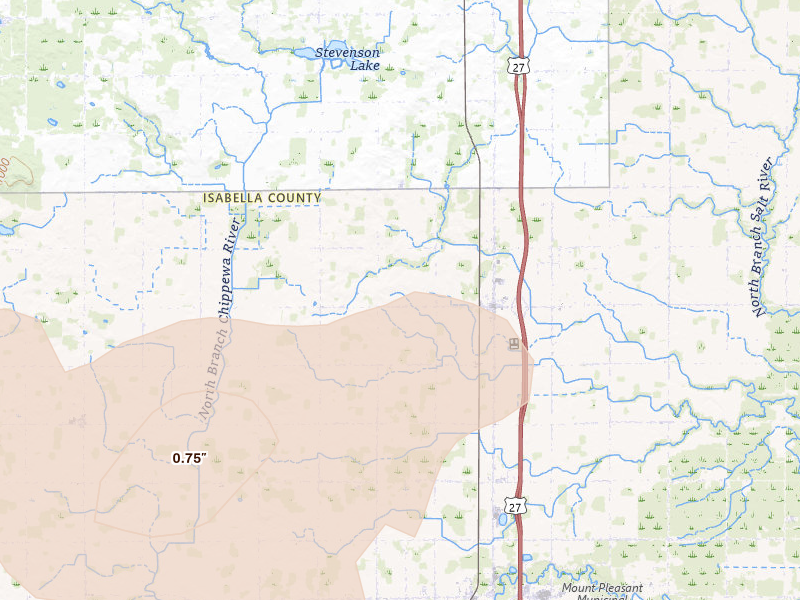 Radar-estimated hail-size map of the storm over Rosebush, MI on Sep 3, 2026