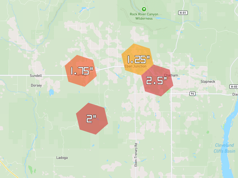 Hail map of Rumely, MI on Jun 30, 2026, hail up to 2.5"