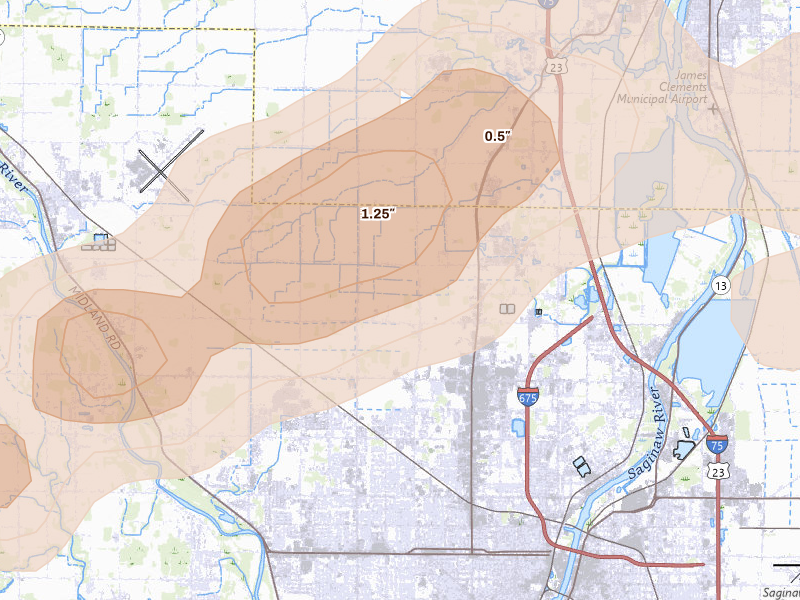 Radar-estimated hail-size map of the storm over Saginaw, MI on May 17, 2026