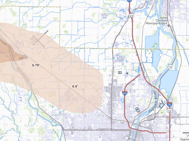 Radar-estimated hail-size map of the storm over Saginaw, MI on Jun 25, 2026