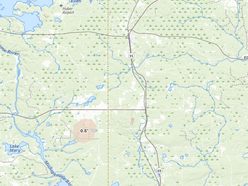 Radar-estimated hail-size map of the storm over Sagola, MI on May 17, 2026