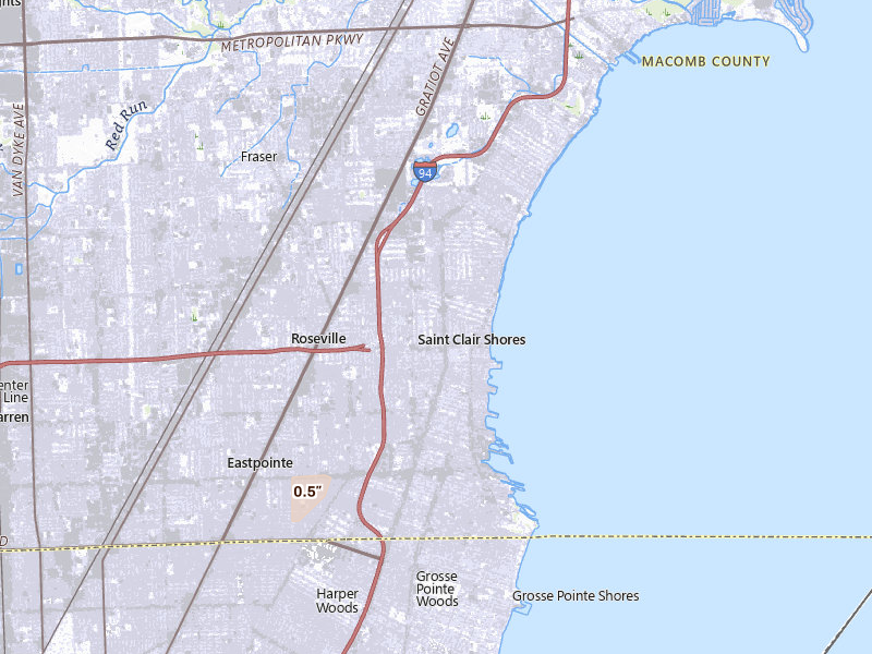 Radar-estimated hail-size map of the storm over Saint Clair Shores, MI on May 4, 2026