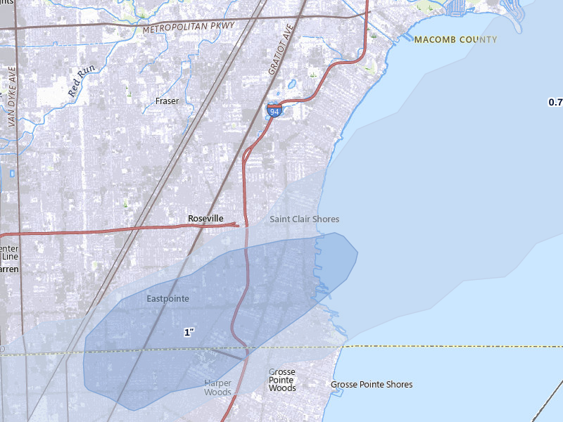 NEXRAD radar-signature map of the hail storm over Saint Clair Shores, MI on May 4, 2026