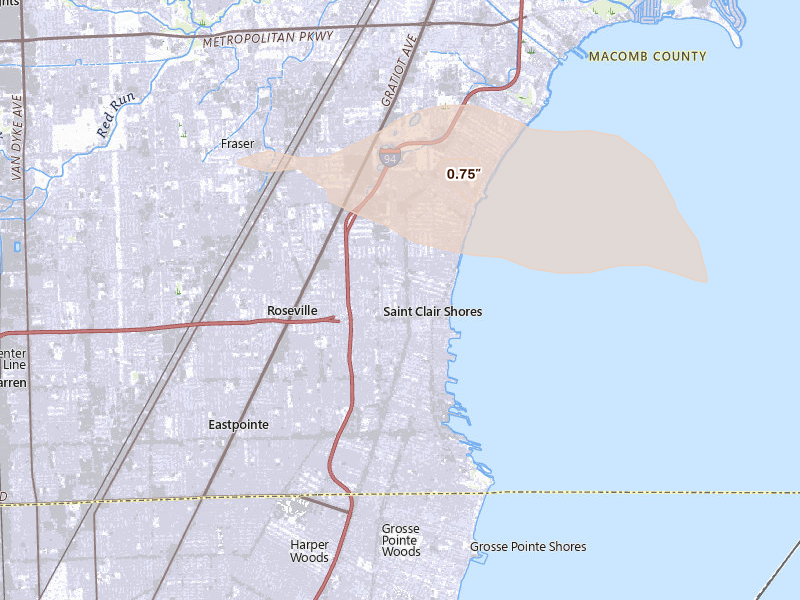 Radar-estimated hail-size map of the storm over Saint Clair Shores, MI on Jun 25, 2026