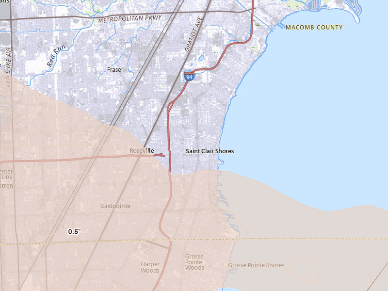 Radar-estimated hail-size map of the storm over Saint Clair Shores, MI on Sep 2, 2026