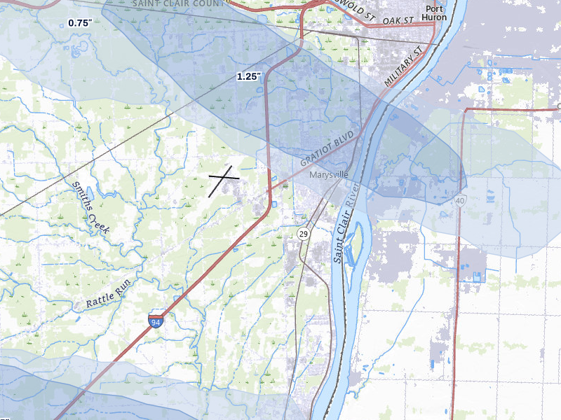 NEXRAD radar-signature map of the hail over Saint Clair, MI