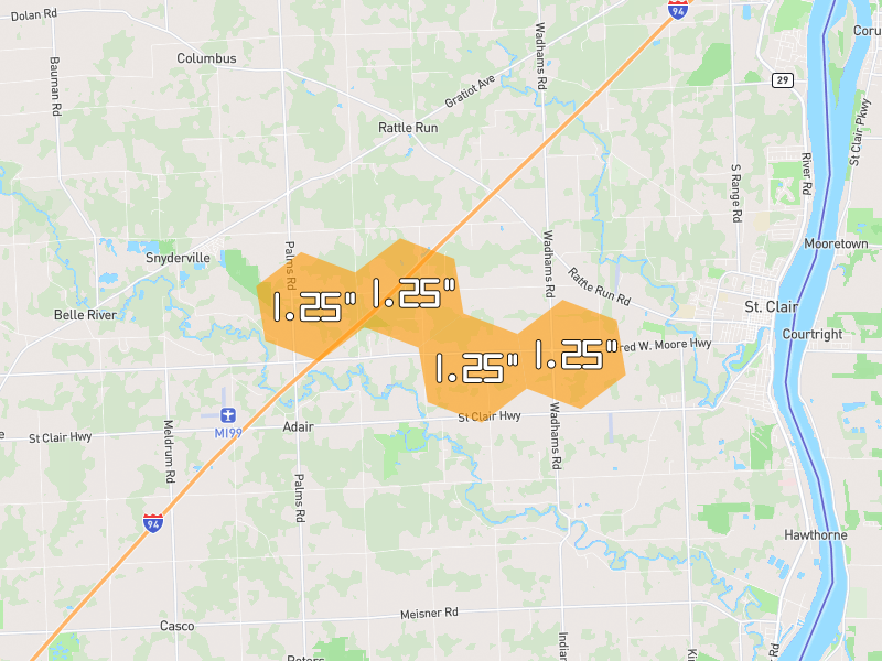 Hail map of Saint Clair, MI on Jul 21, 2026, hail up to 1.25"