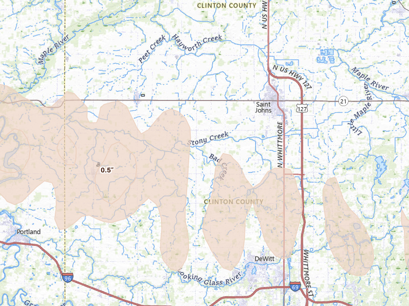 Radar-estimated hail-size map of the storm over Saint Johns, MI on May 15, 2026