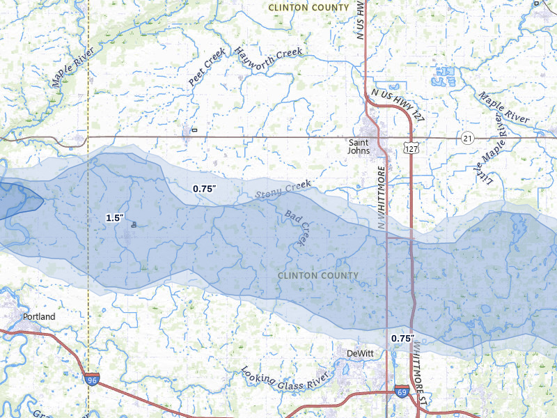NEXRAD radar-signature map of the hail storm over Saint Johns, MI on May 15, 2026