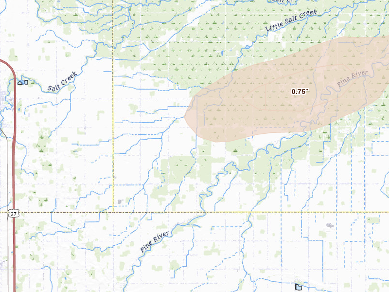 Radar-estimated hail-size map of the storm over Saint Louis, MI on May 17, 2026
