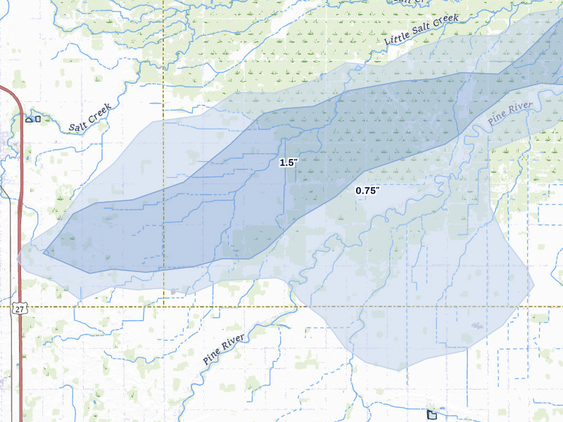 NEXRAD radar-signature map of the hail storm over Saint Louis, MI on May 17, 2026
