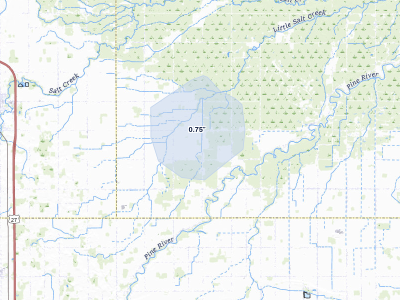 NEXRAD radar-signature map of the hail storm over Saint Louis, MI on Jul 27, 2026