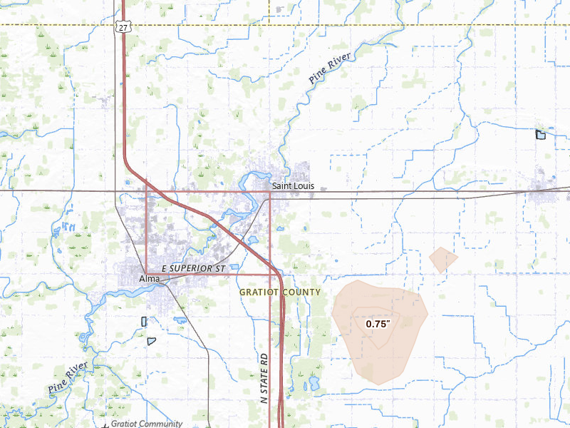 Radar-estimated hail-size map of the storm over Saint Louis, MI on Aug 30, 2026