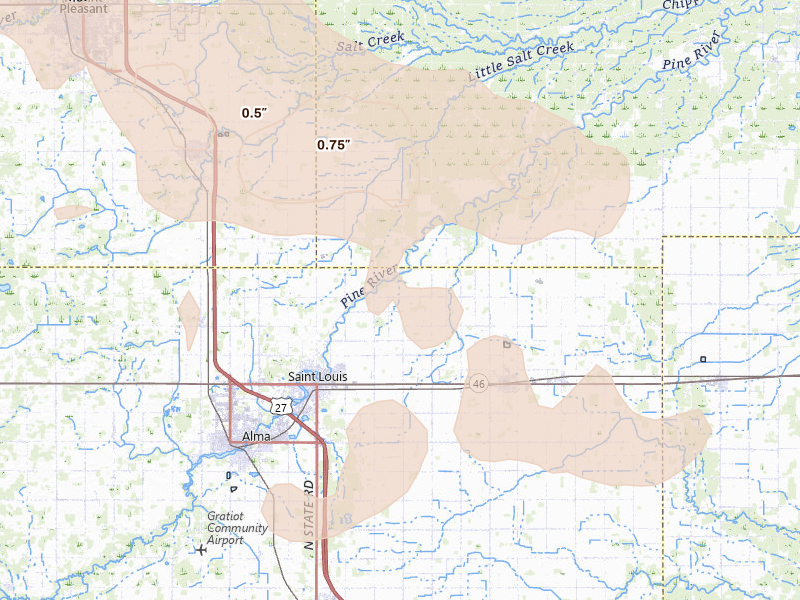 Radar-estimated hail-size map of the storm over Saint Louis, MI