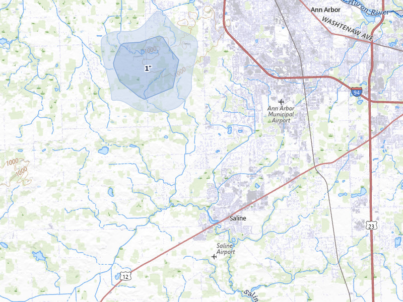 NEXRAD radar-signature map of the hail storm over Saline, MI on Mar 6, 2026