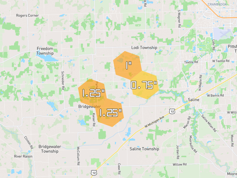 Hail map of Saline, MI on Jul 3, 2026, hail up to 1.25"