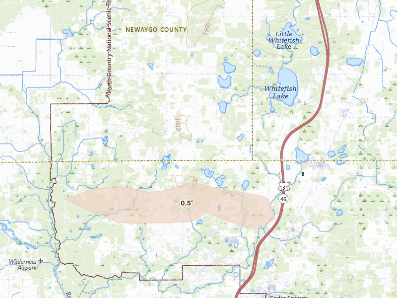 Radar-estimated hail-size map of the storm over Sand Lake, MI on Sep 1, 2026
