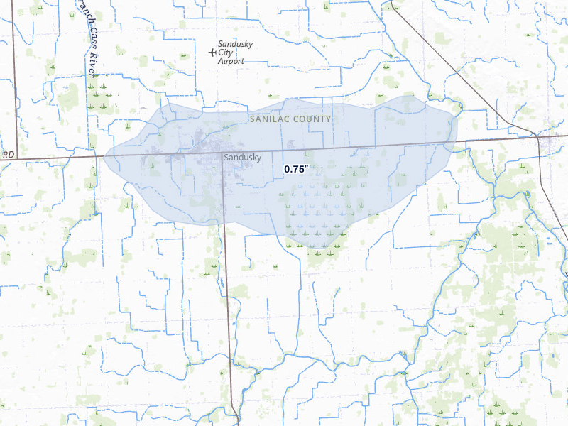 NEXRAD radar-signature map of the hail over Sandusky, MI