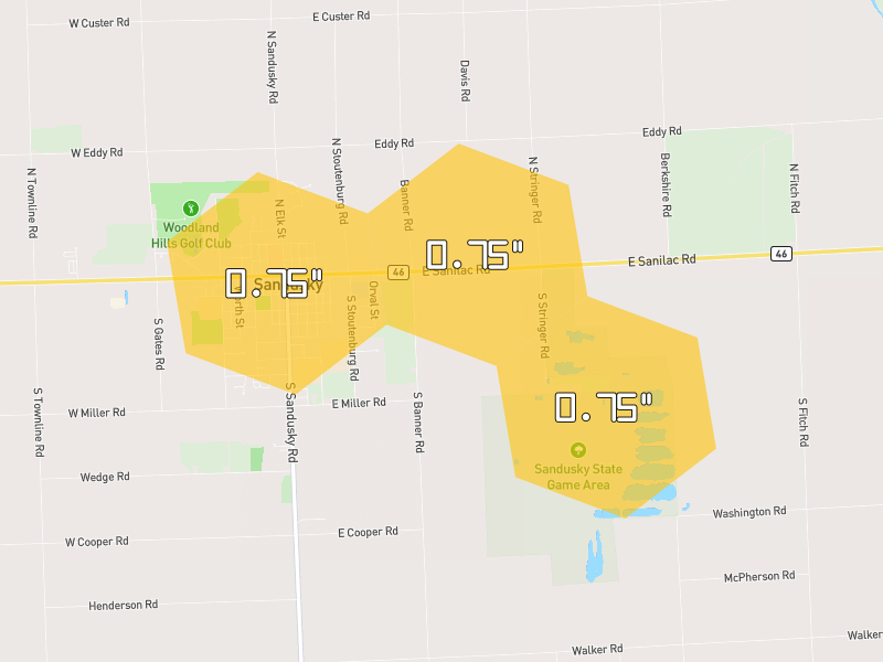 Hail map of Sandusky, MI on Jul 21, 2026, hail up to 0.75"