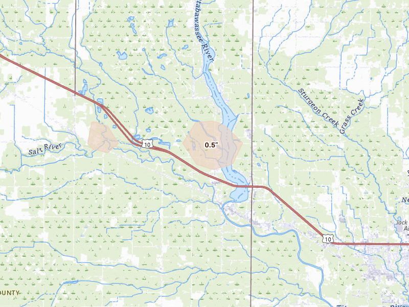Radar-estimated hail-size map of the storm over Sanford, MI on Jun 25, 2026