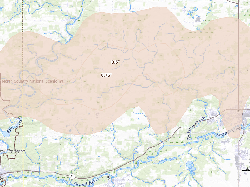 Radar-estimated hail-size map of the storm over Saranac, MI on May 15, 2026