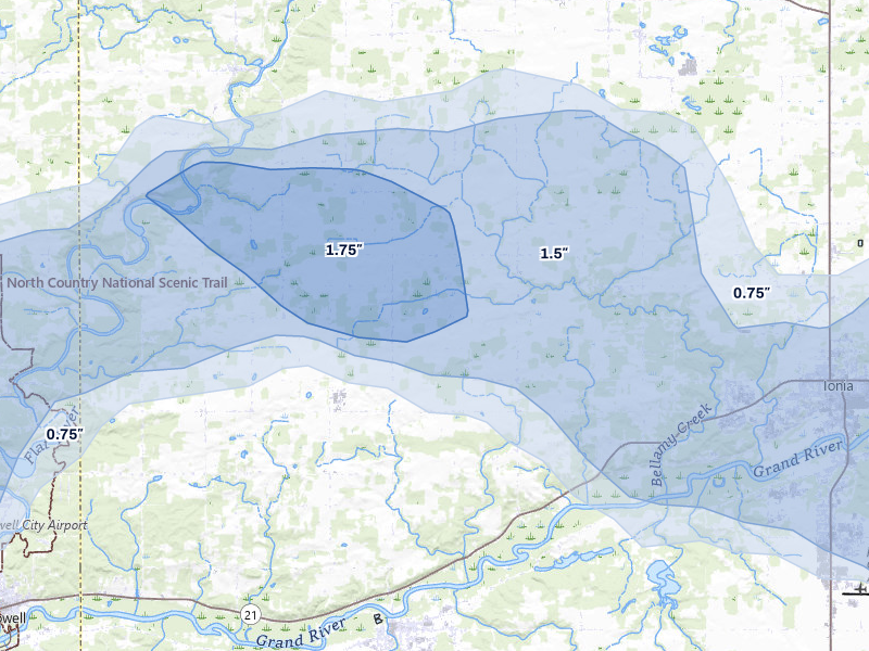 NEXRAD radar-signature map of the hail storm over Saranac, MI on May 15, 2026