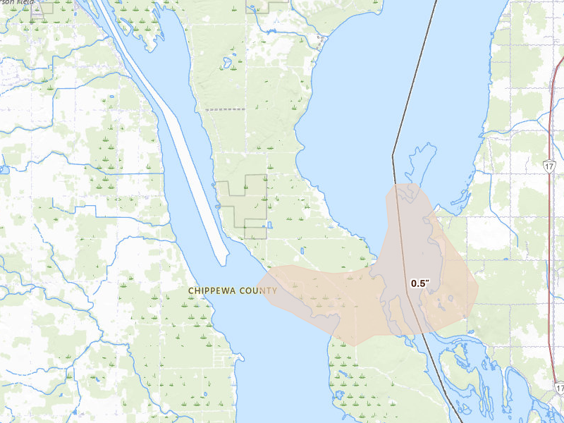 Radar-estimated hail-size map of the storm over Sault Sainte Marie, MI on Jul 31, 2026