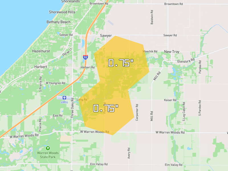 Hail map of Sawyer, MI on Jul 3, 2026, hail up to 0.75"