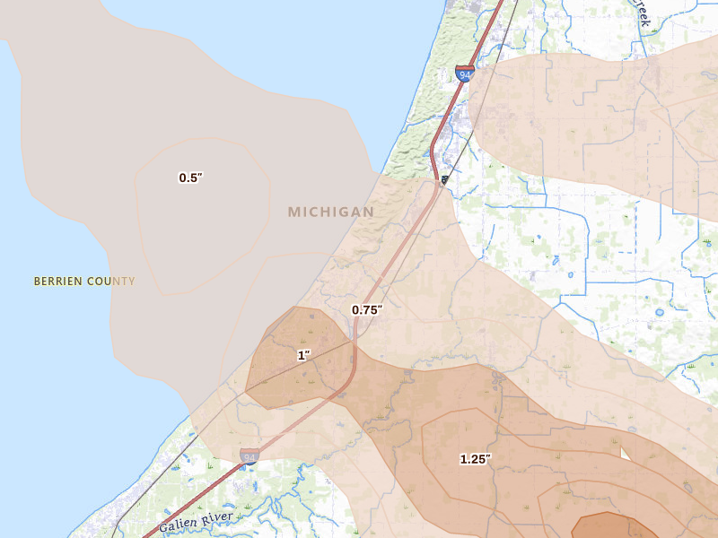 Radar-estimated hail-size map of the storm over Sawyer, MI on Aug 10, 2026