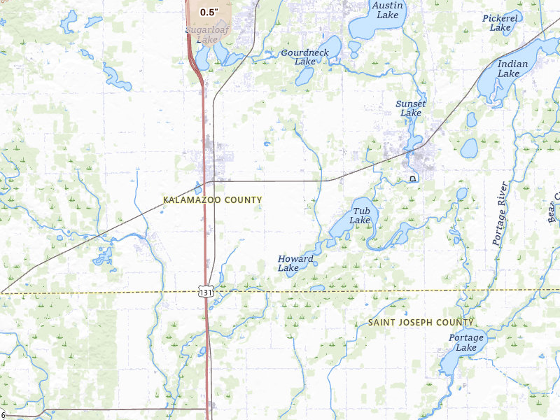 Radar-estimated hail-size map of the storm over Schoolcraft, MI on Jul 2, 2026