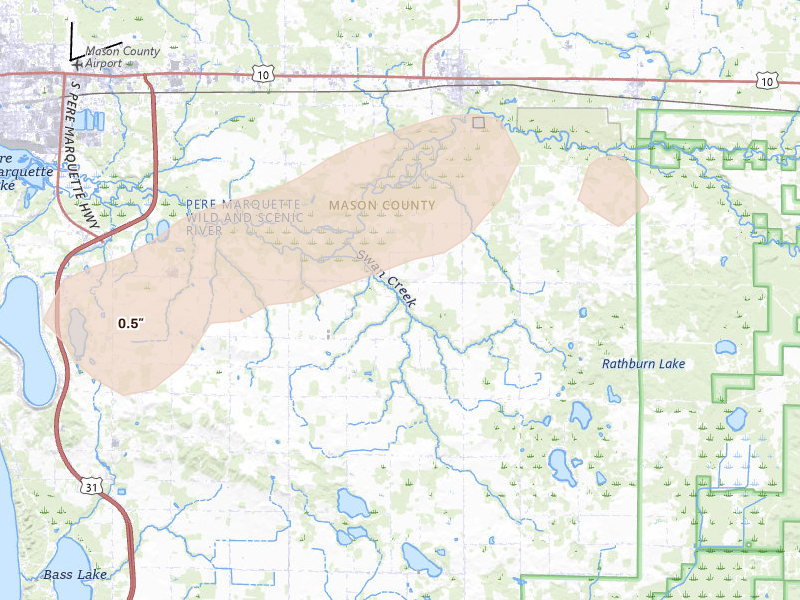 Radar-estimated hail-size map of the storm over Scottville, MI on Jun 30, 2026