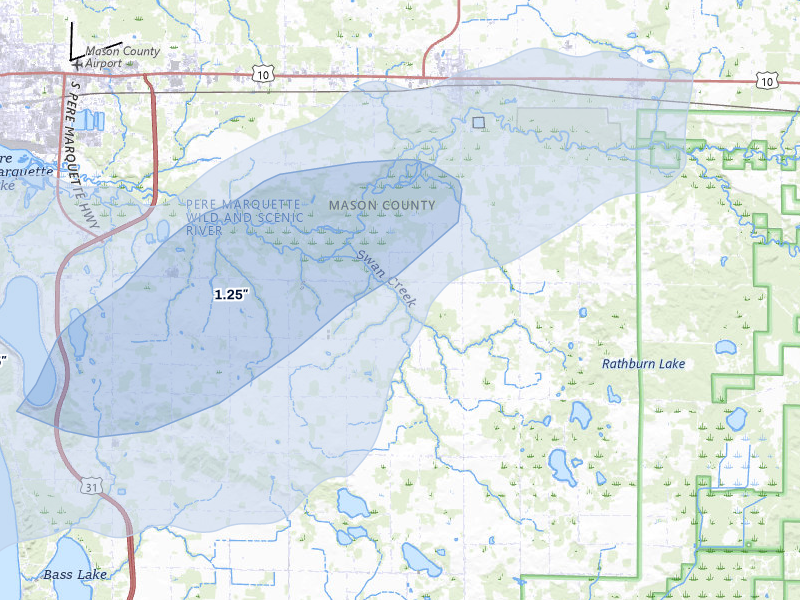 NEXRAD radar-signature map of the hail over Scottville, MI