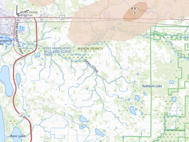 Radar-estimated hail-size map of the storm over Scottville, MI on Jul 1, 2026