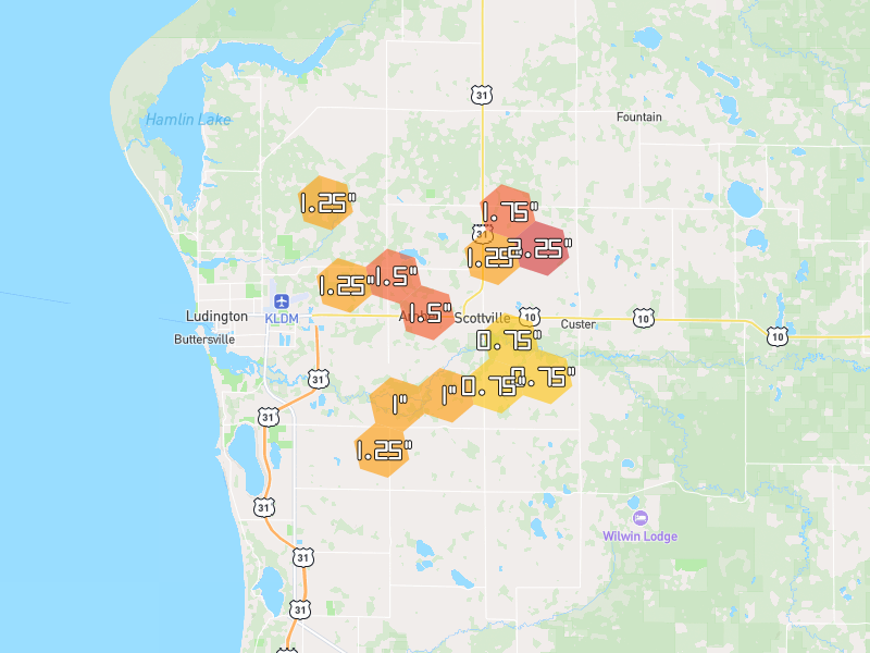 Hail map of Scottville, MI on Jul 1, 2026, hail up to 2.25"
