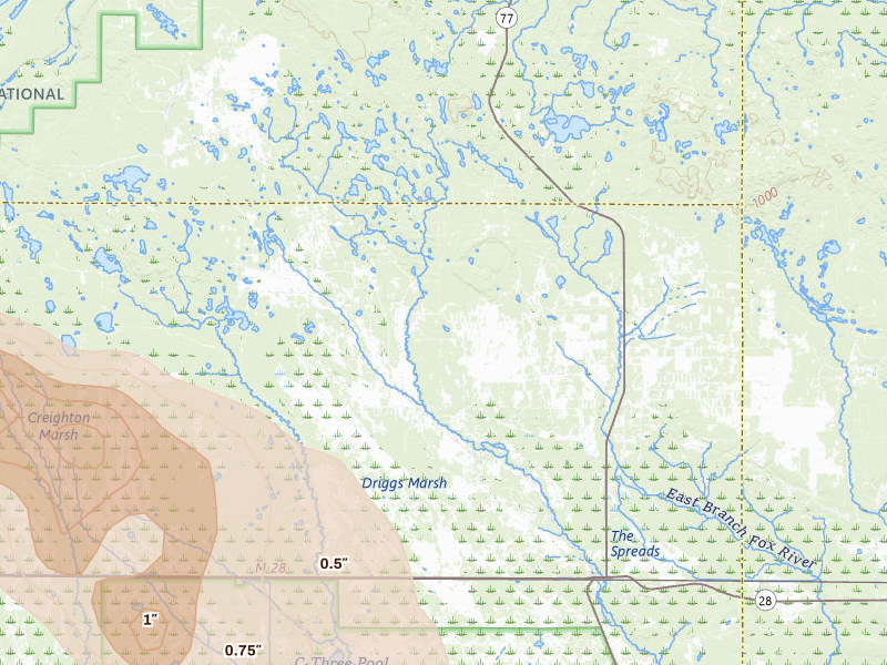 Radar-estimated hail-size map of the storm over Seney, MI on Jul 17, 2026