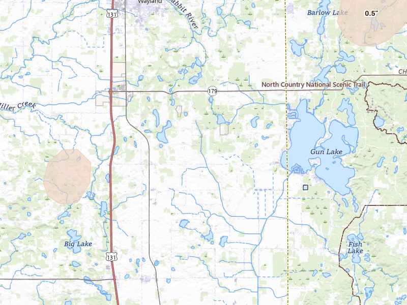 Radar-estimated hail-size map of the storm over Shelbyville, MI on Jul 2, 2026