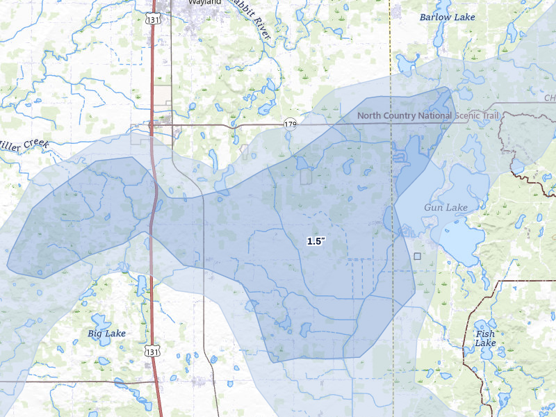 NEXRAD radar-signature map of the hail over Shelbyville, MI
