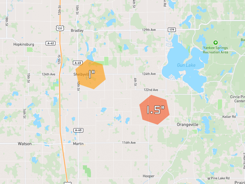 Hail map of Shelbyville, MI on Jul 3, 2026, hail up to 1.5"