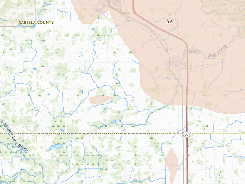 Radar-estimated hail-size map of the storm over Shepherd, MI