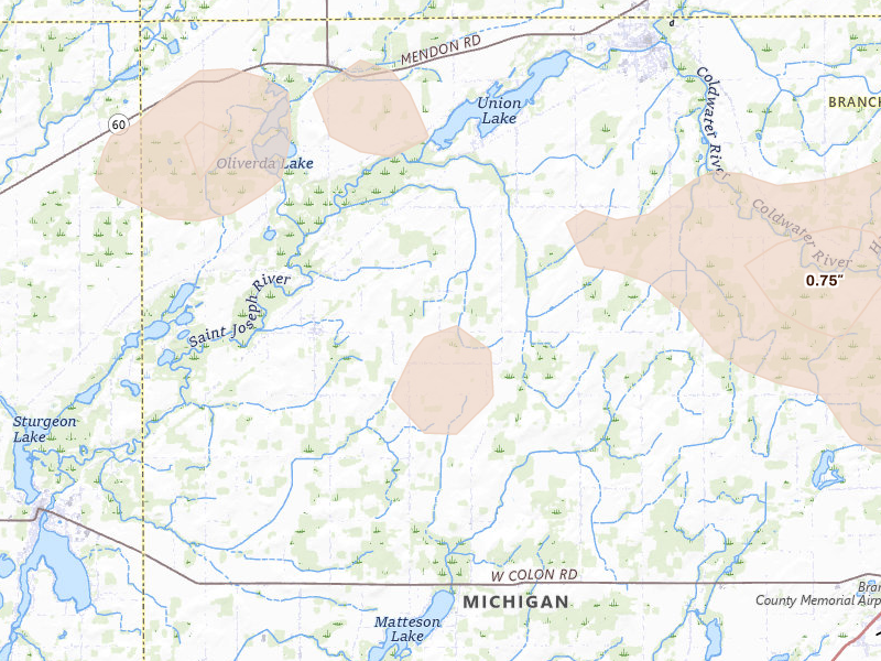 Radar-estimated hail-size map of the storm over Sherwood, MI on Jul 3, 2026