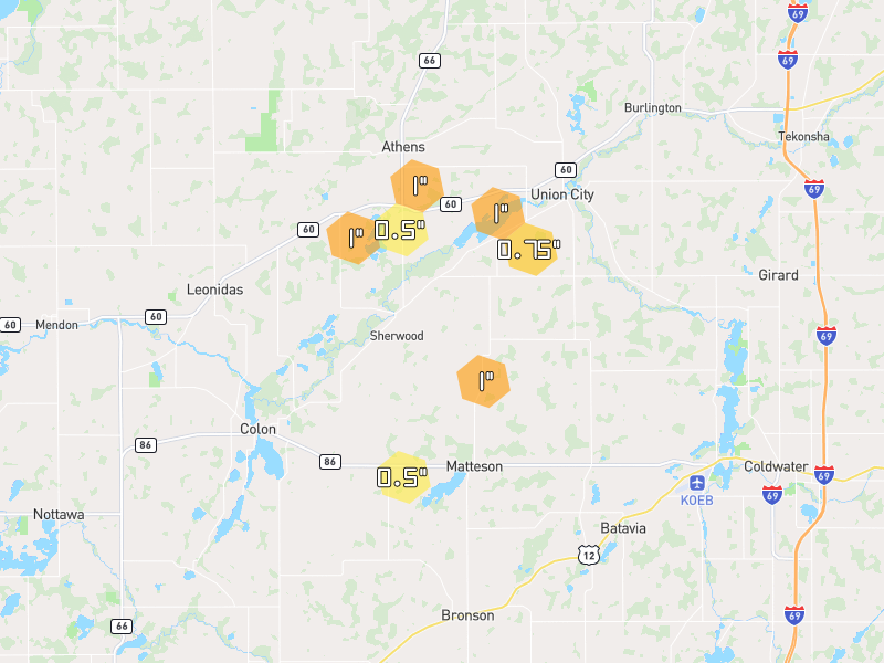 Hail map of Sherwood, MI on Jul 3, 2026, hail up to 1"