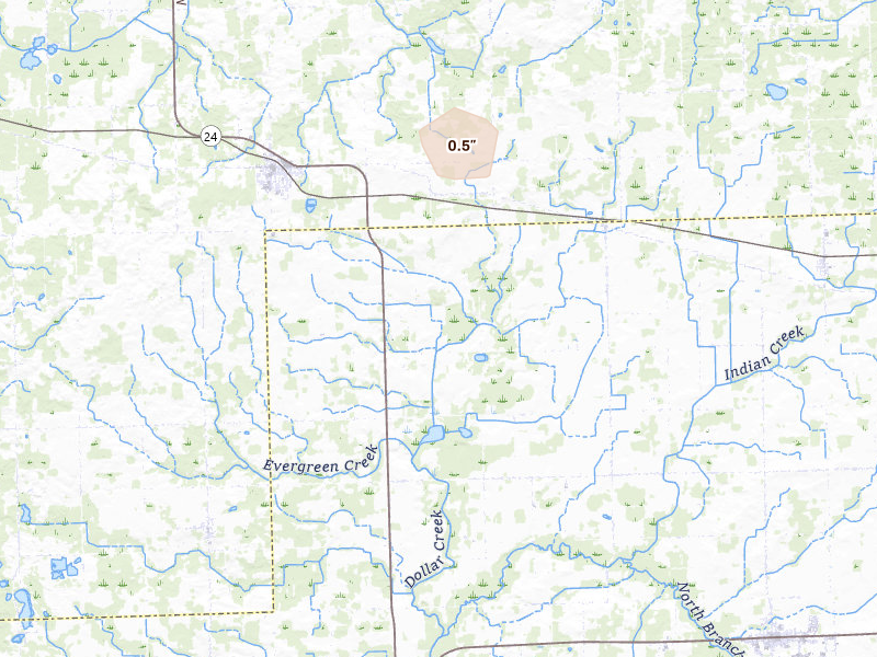 Radar-estimated hail-size map of the storm over Silverwood, MI on Sep 2, 2026