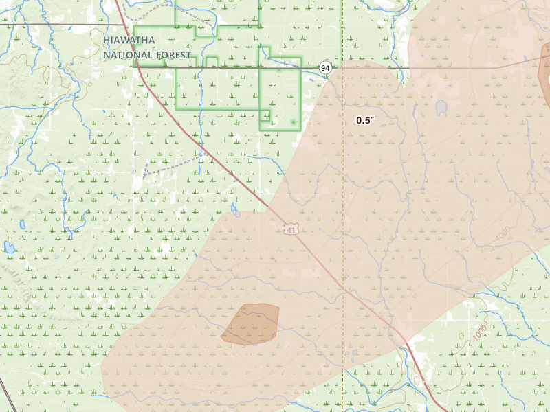 Radar-estimated hail-size map of the storm over Skandia, MI on Jun 30, 2026