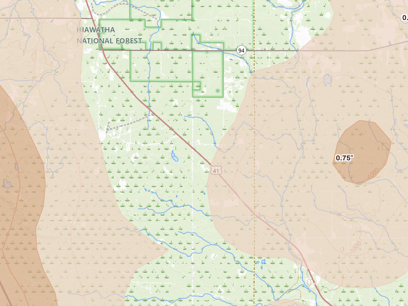Radar-estimated hail-size map of the storm over Skandia, MI on Jul 12, 2026