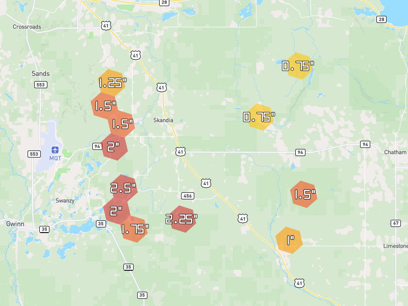Hail map of Skandia, MI on Jul 12, 2026, hail up to 2.5"