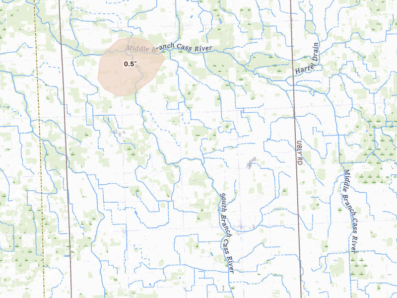 Radar-estimated hail-size map of the storm over Snover, MI on Sep 2, 2026