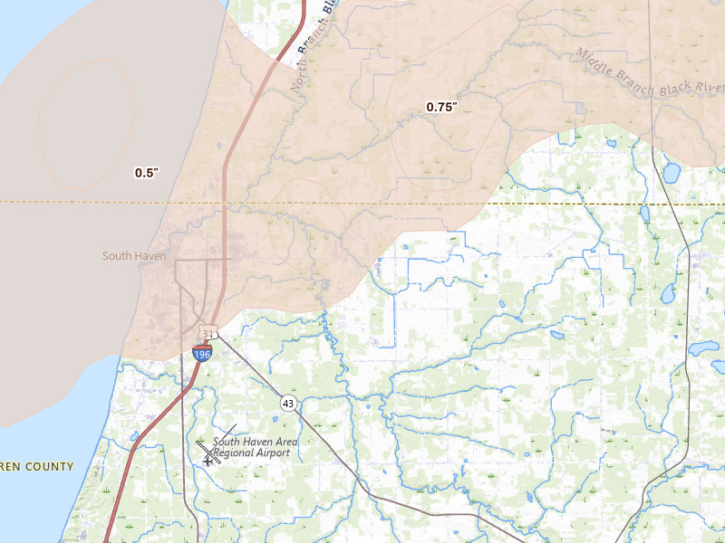 Radar-estimated hail-size map of the storm over South Haven, MI on Jul 2, 2026