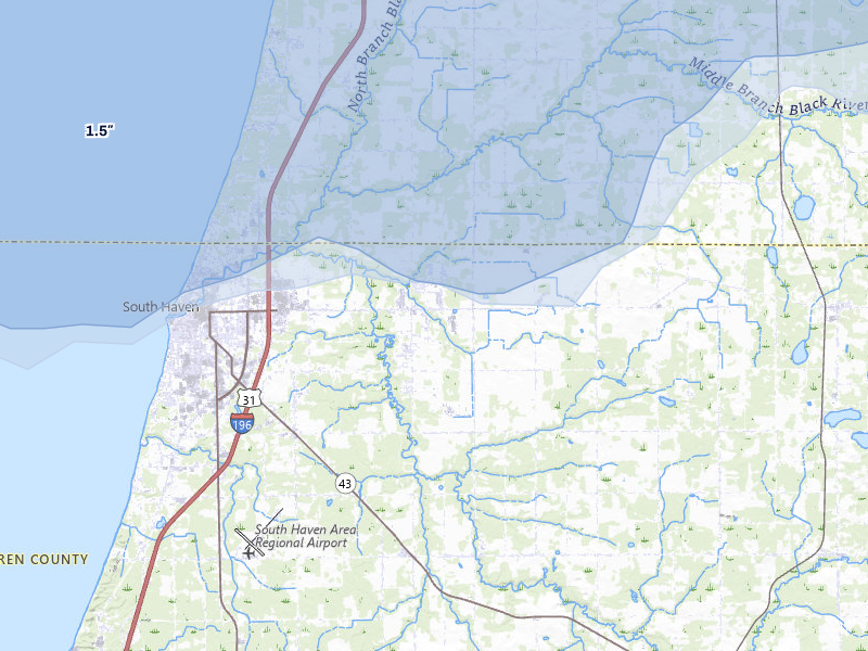 NEXRAD radar-signature map of the hail over South Haven, MI